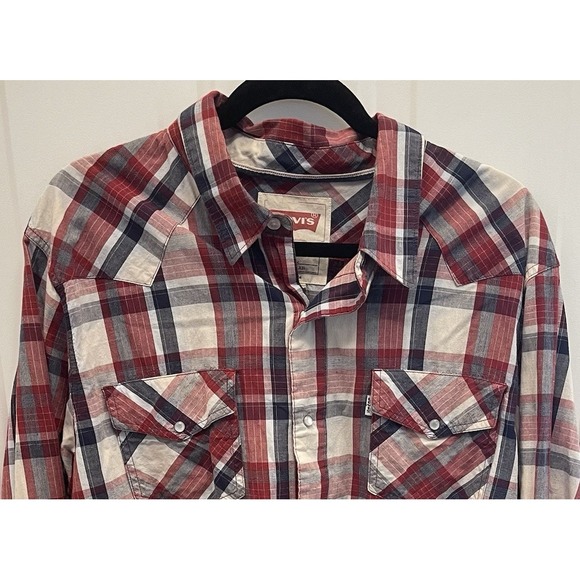 Levi's Other - Levis Shirt Red Blue Plaid Long Sleeve Mens XL Western Pearl‎ Snap Cowboy USA